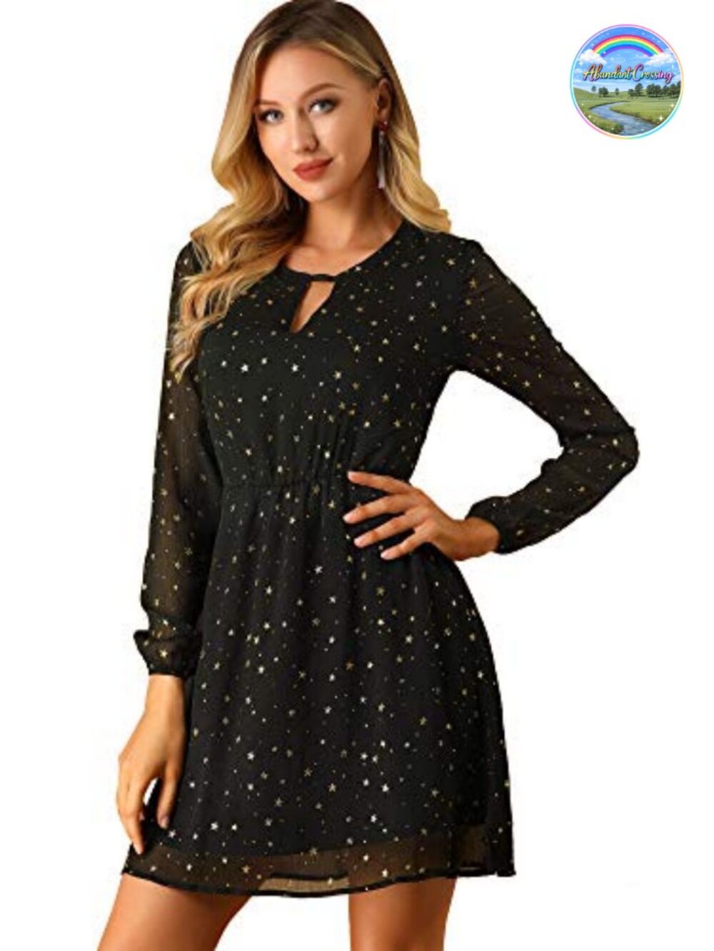 Women Metallic Star Choker V Neck A-Line Party Dress Long Sleeve
